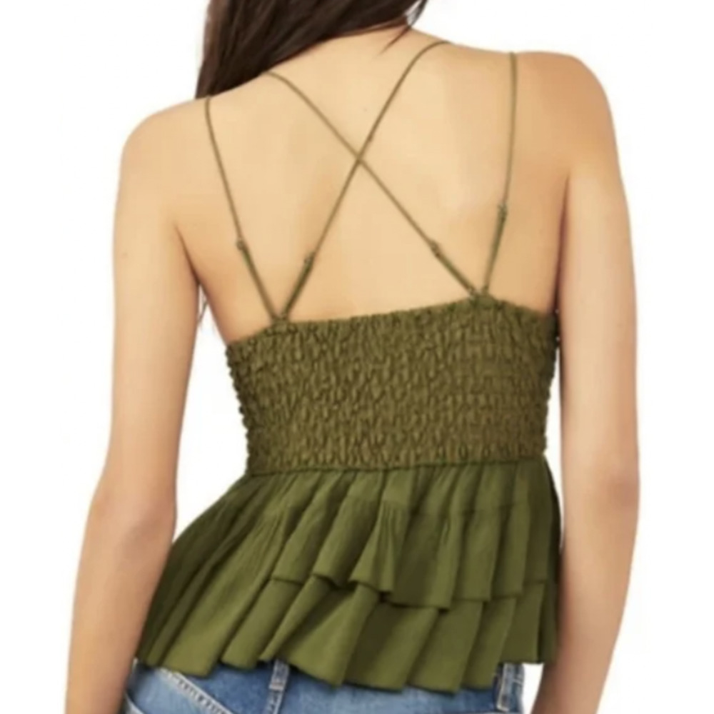 Free People Olive Green Lace Ruffled Tank Top - Picture 2 of 5